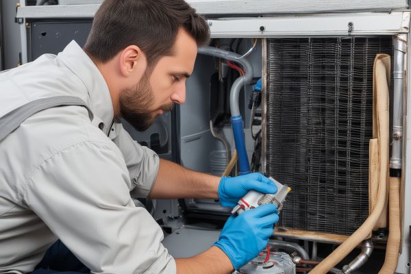 Professional technician cleaning heating equipment components