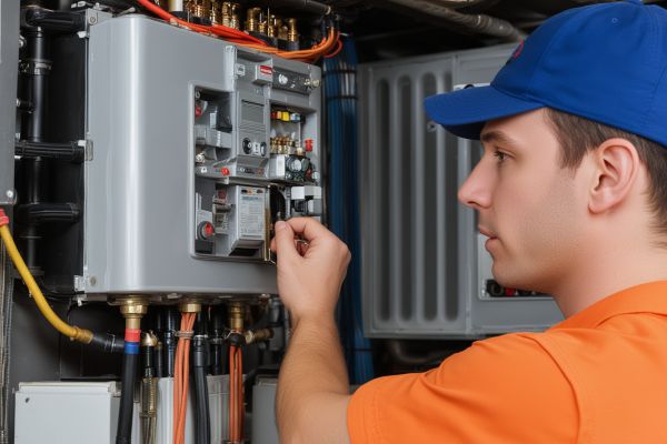 Technician performing routine maintenance on heating system