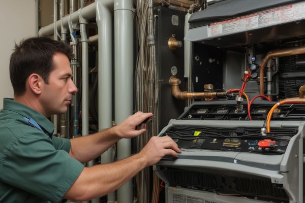 Heating technician using diagnostic equipment on furnace
