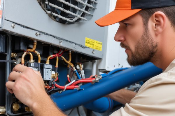HVAC technician repairing heating system